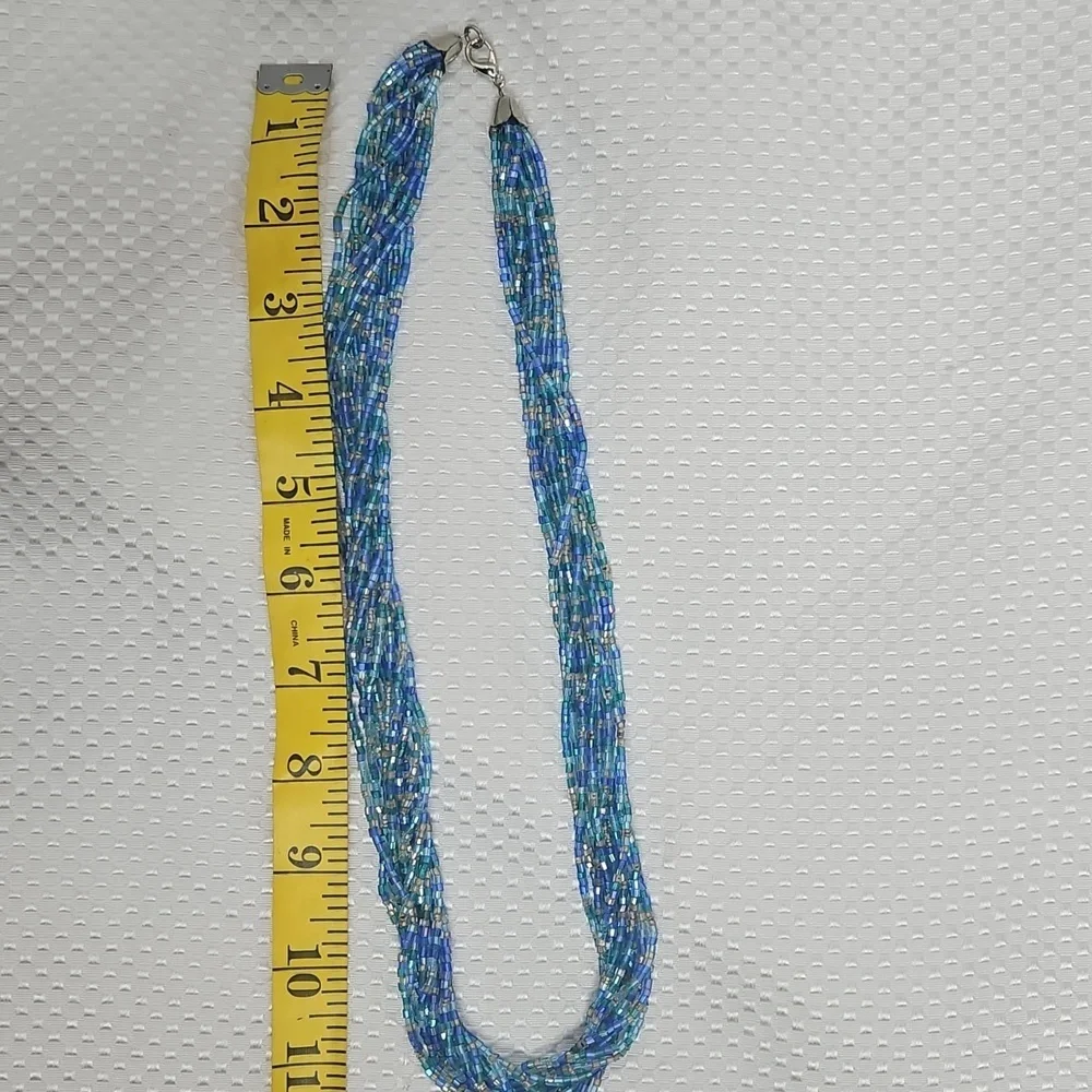VINTAGE BLUE GLASS BEADED NECKLACE MULTISTRAND - Picture 5 of 6